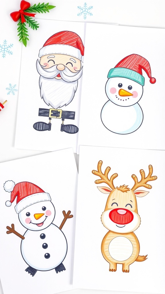 Cute Christmas drawings featuring Santa Claus, a snowman, and a reindeer on a festive background.